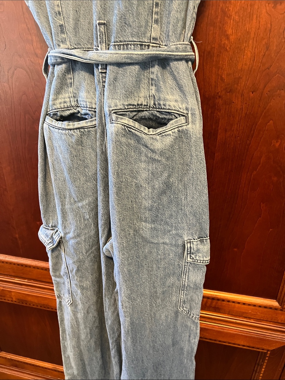 Universal Thread Light Blue Denim Sleeveless Jumpsuit with Waist Tie - Picture 6 of 6